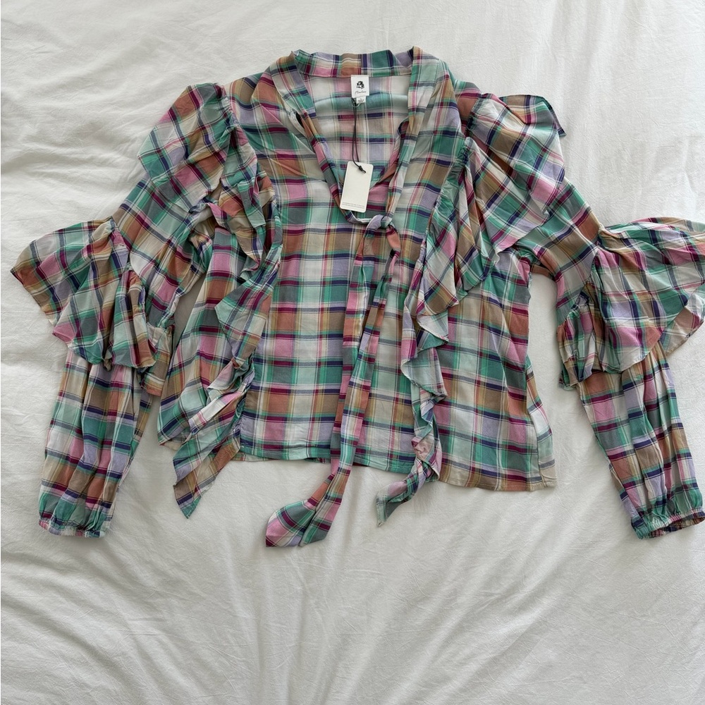 VICI- Plaid Ruffle Sleeve Women's Top